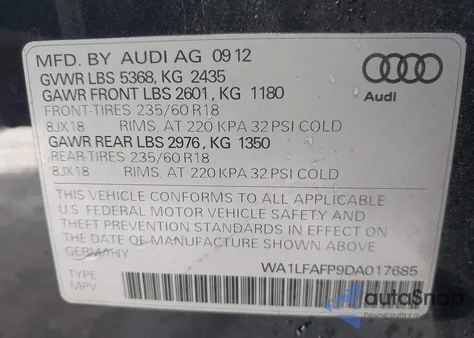 2013 Audi Q5 2.0T Premium из США, поврежденный, VIN WA1LFAFP9DA017685